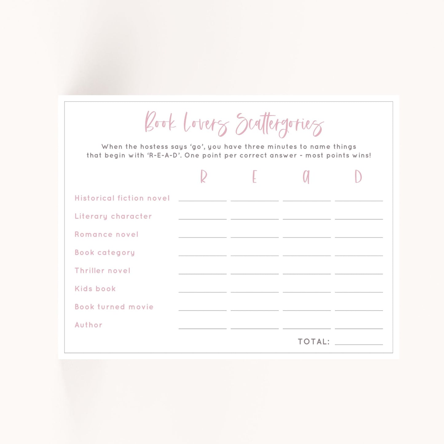 Book Club Scattergories Game Printable