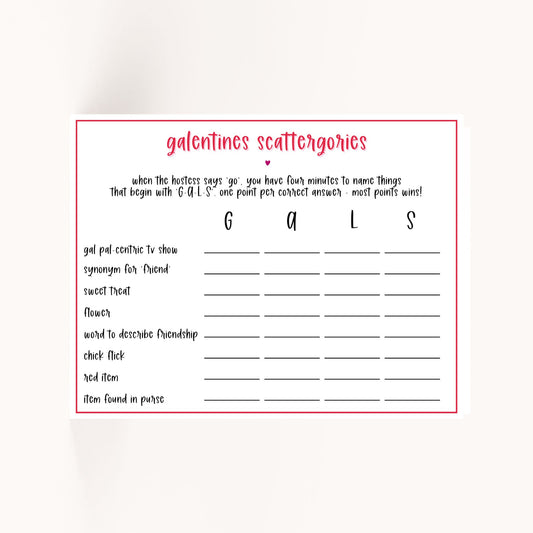 Galentine's Day Party Scattergories Game Printable