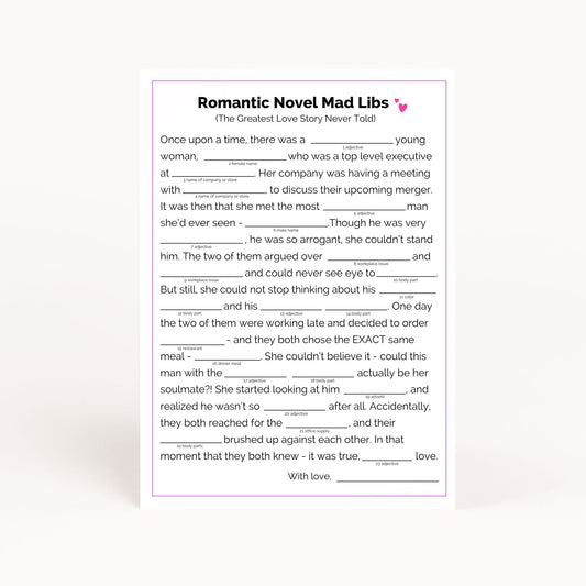 Rom Com Novel Bridal Shower Mad Libs Printable