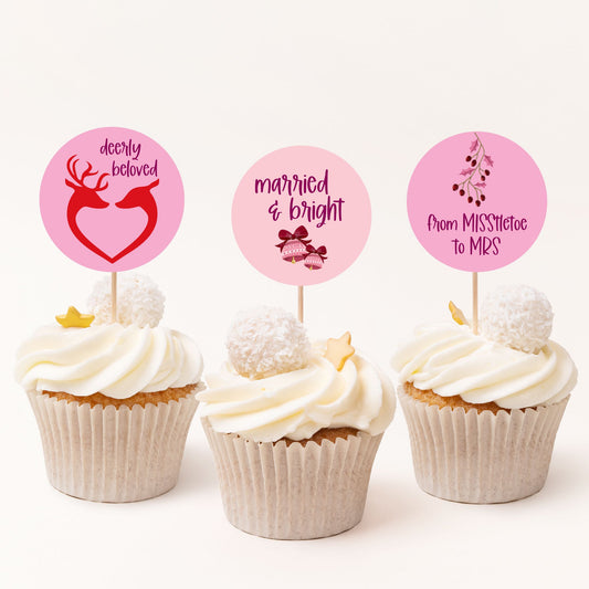 Pink Christmas Bridal Shower Cupcake Topper Printables