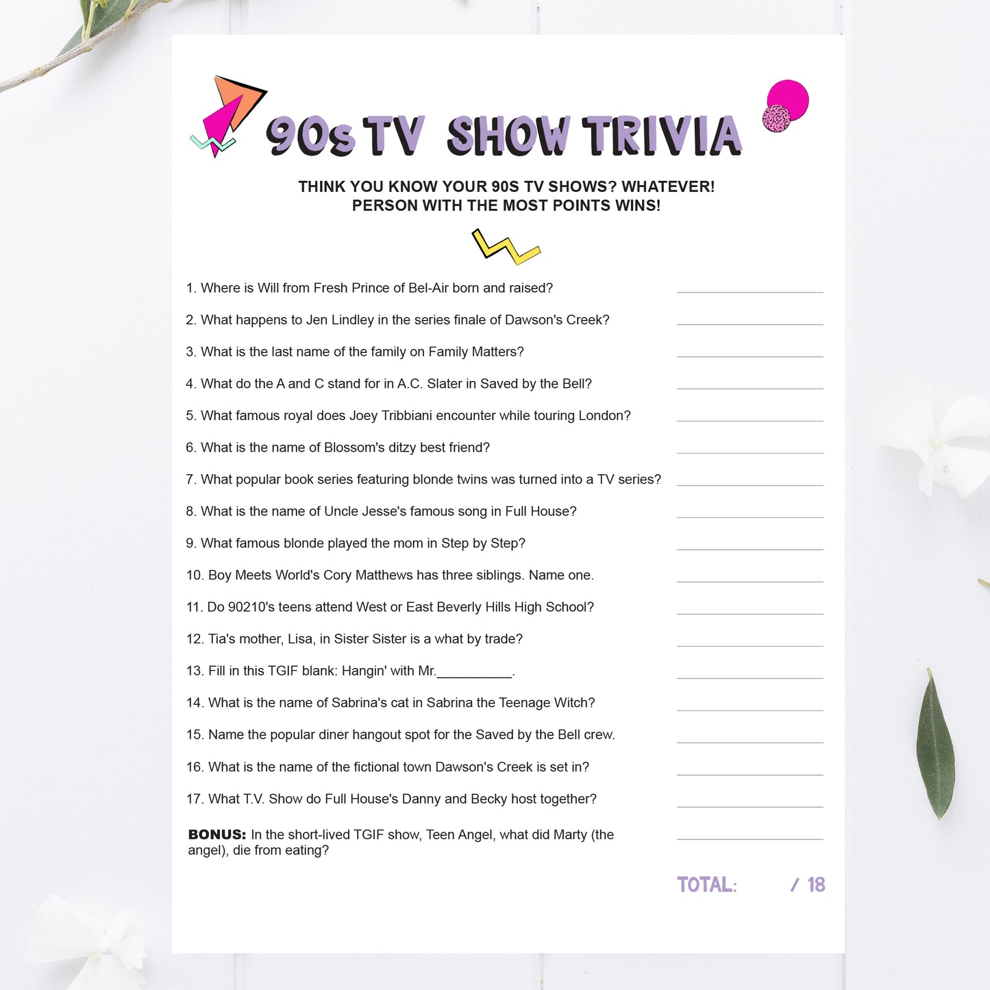 90s Party TV Show Trivia Game Printable