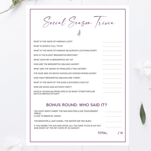 Bridgerton Bridal Shower Trivia Game Printable