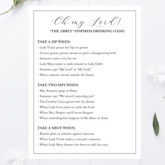 Downton Party Drinking Game Printable