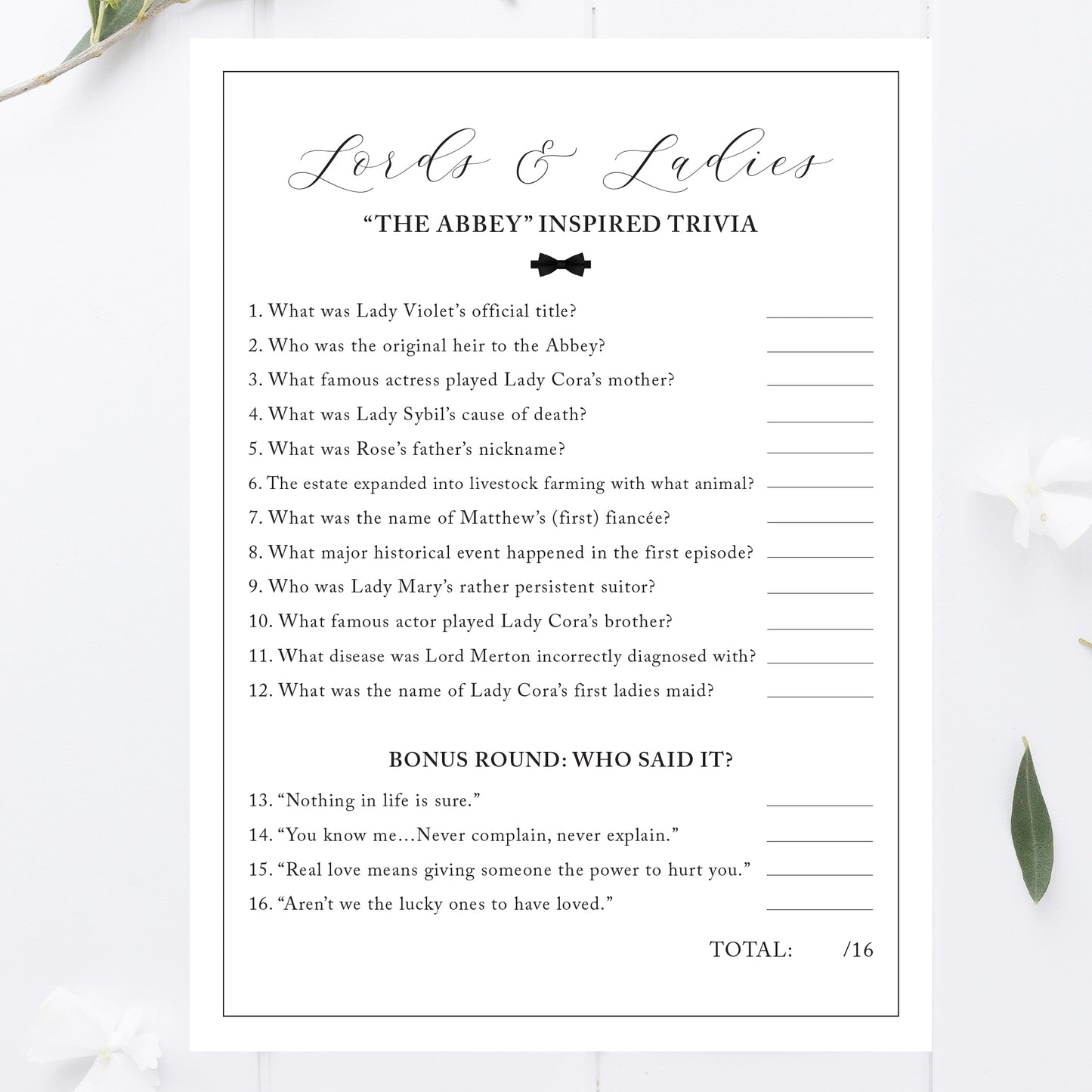 Downton Party Trivia Game Printable