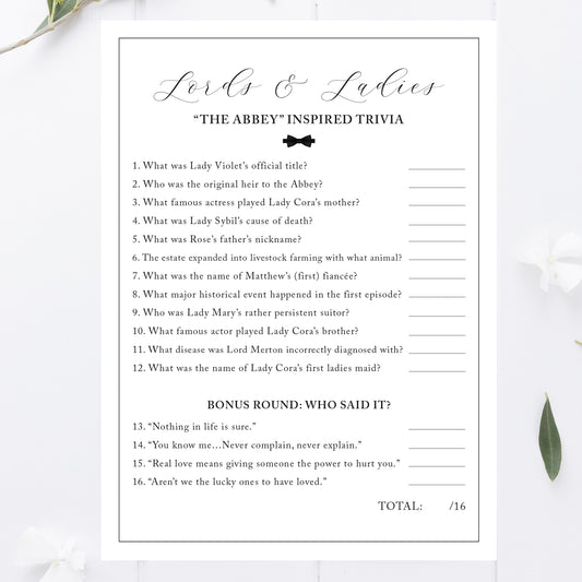 Downton Party Trivia Game Printable