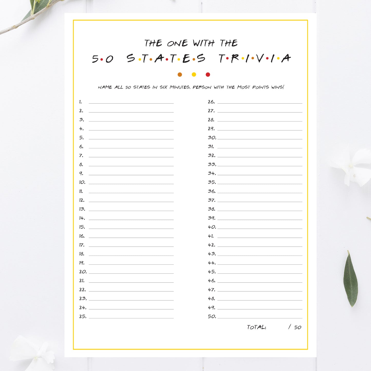 Friendsgiving 50 States Trivia Game Printable