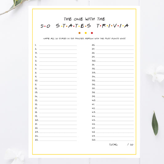 Friendsgiving 50 States Trivia Game Printable