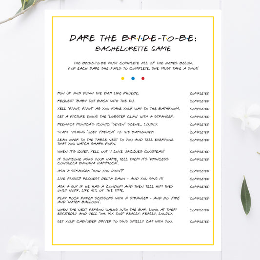 Friends Bachelorette Party Dare the Bride Game Printable - Dirty Edition