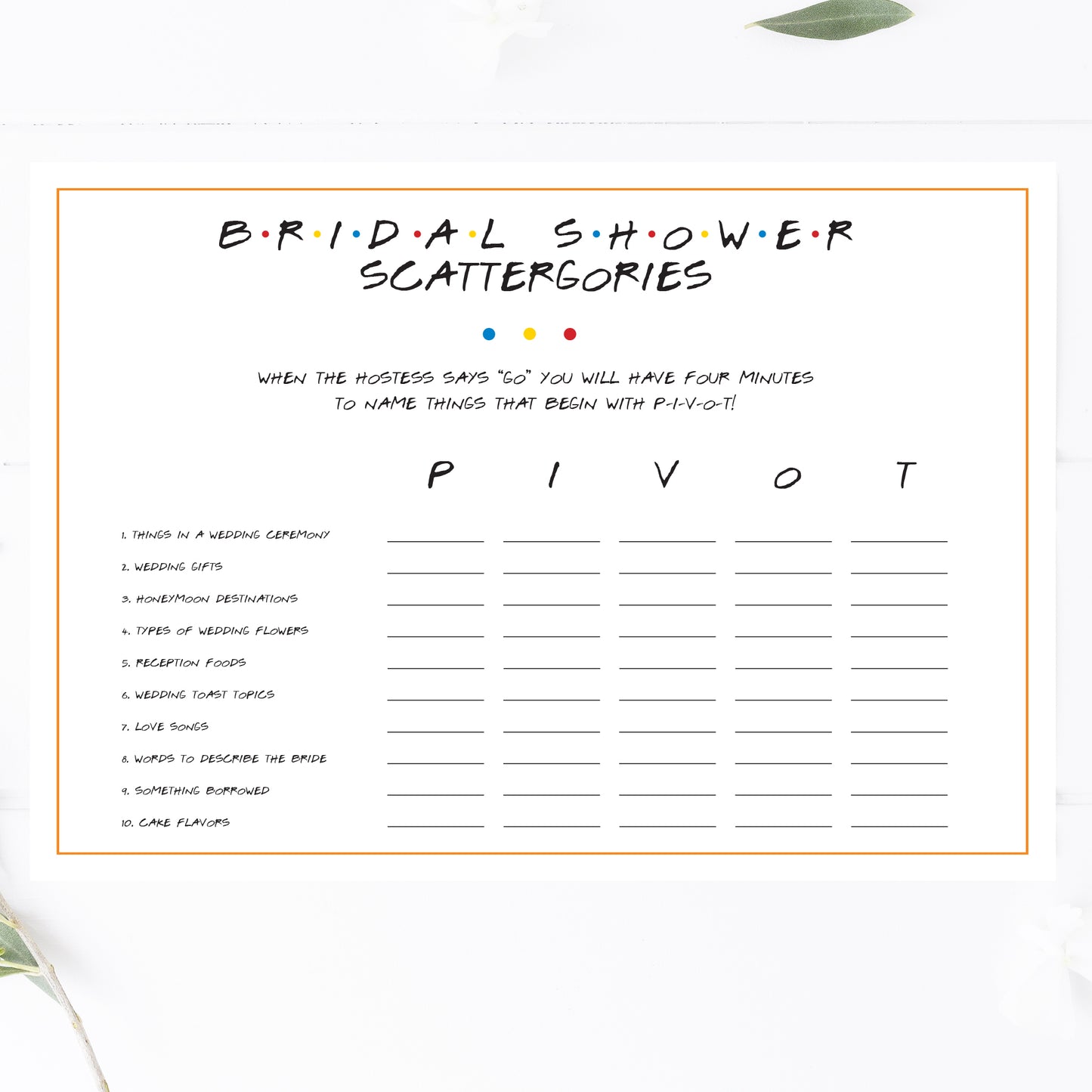Friends Bridal Shower Scattergories Game Printable