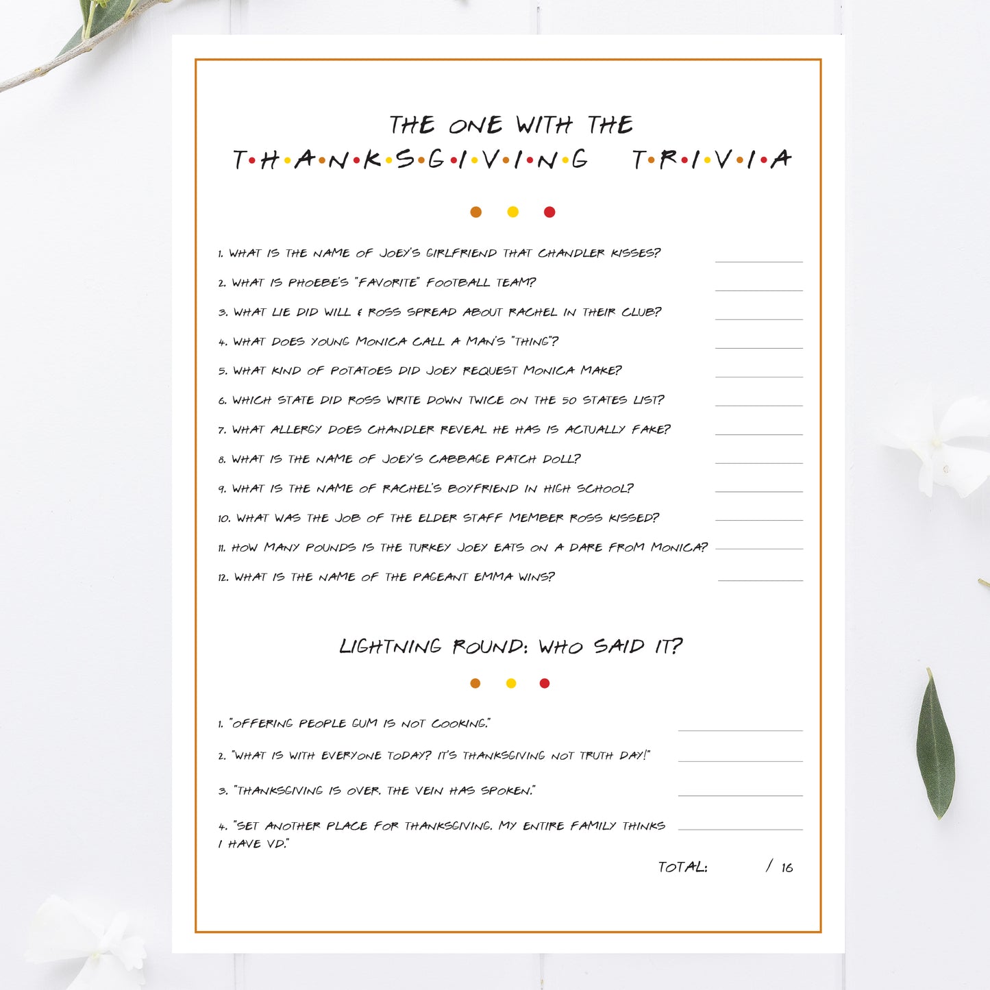 Friends Thanksgiving Friendsgiving Trivia Printable