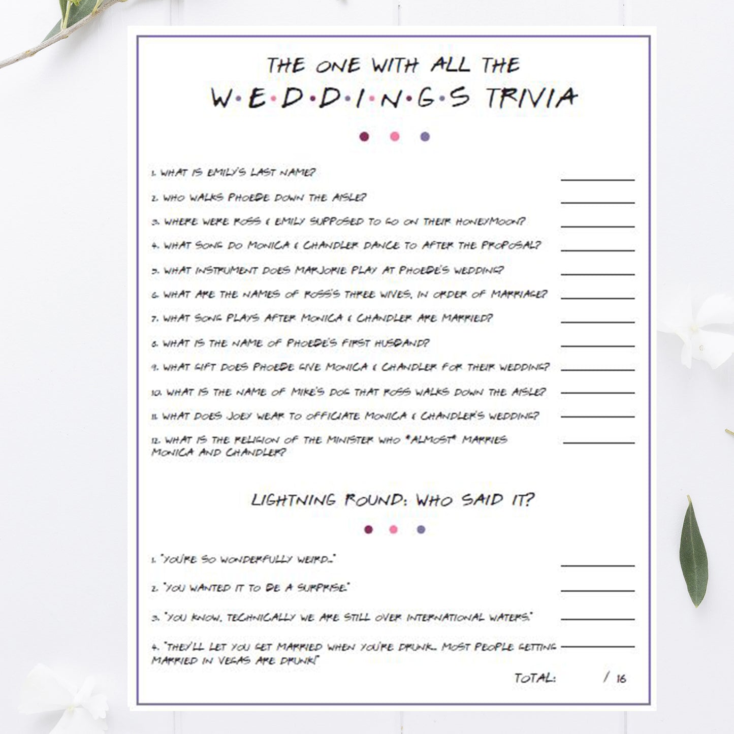 Friends Wedding Trivia Game Printable
