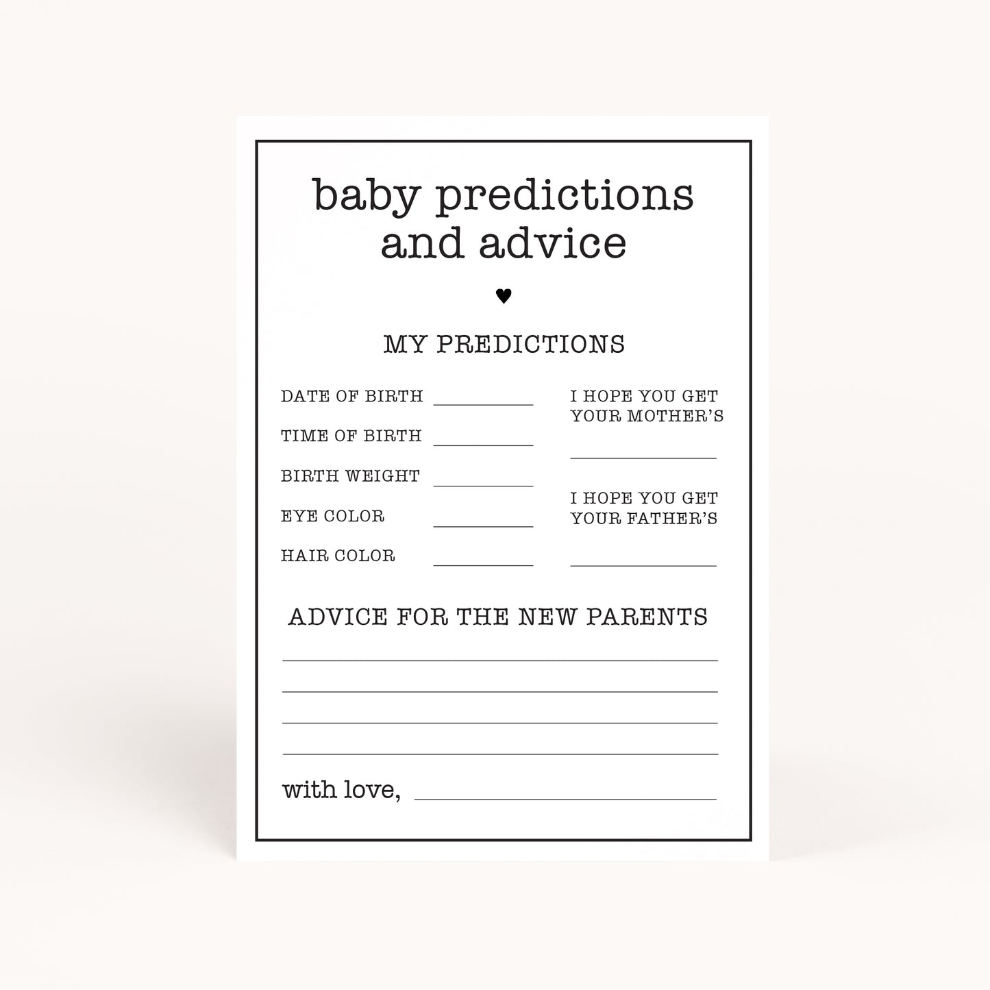 Office Baby Shower Advice and Baby Predictions Card Printables