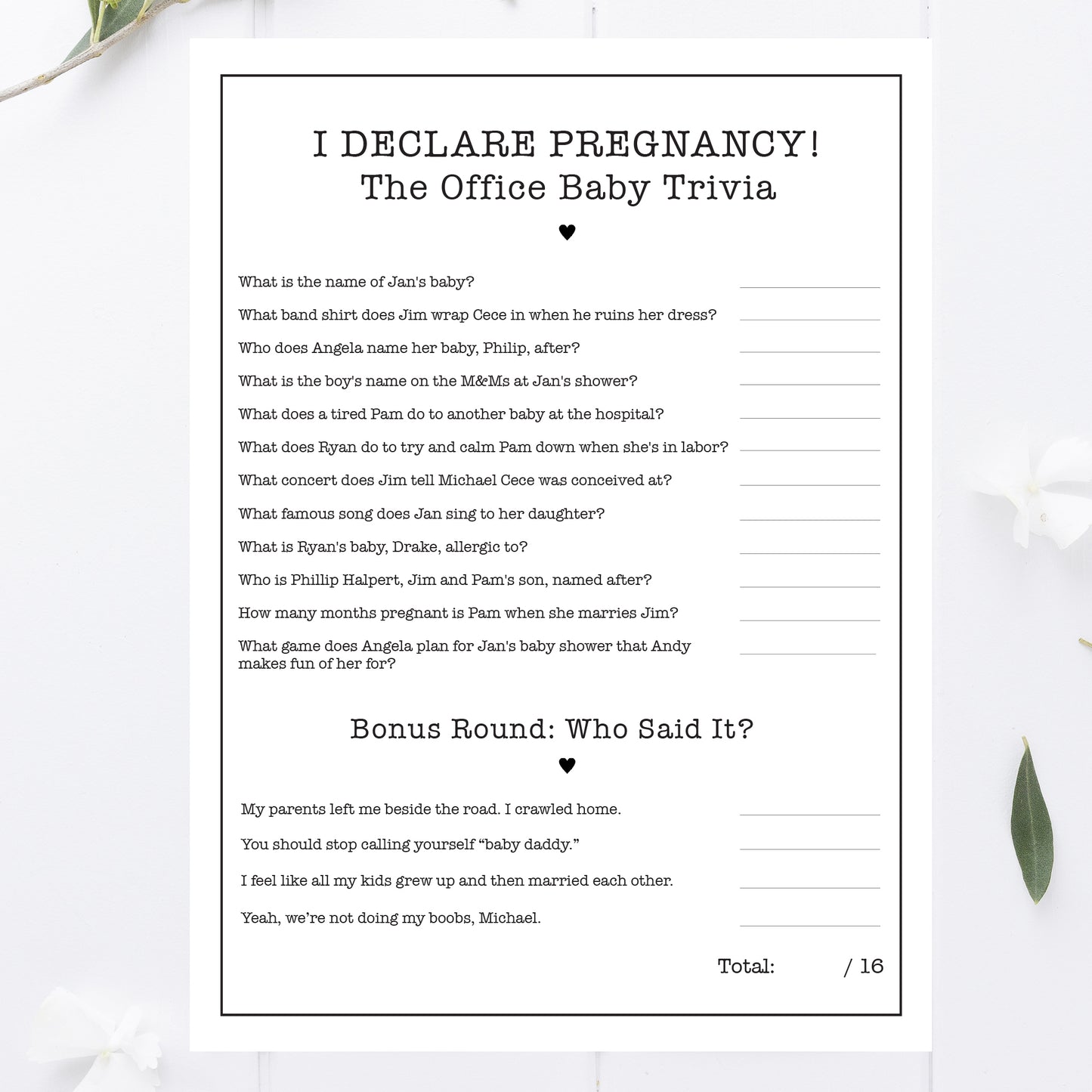 Office Baby Shower Trivia Game Printable