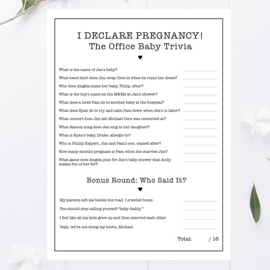 Office Baby Shower Trivia Game Printable