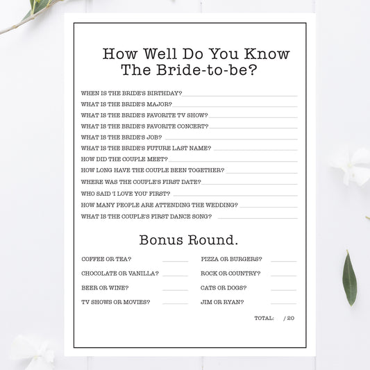 Office Bridal Shower How Well Do You Know the Bride Game Printable