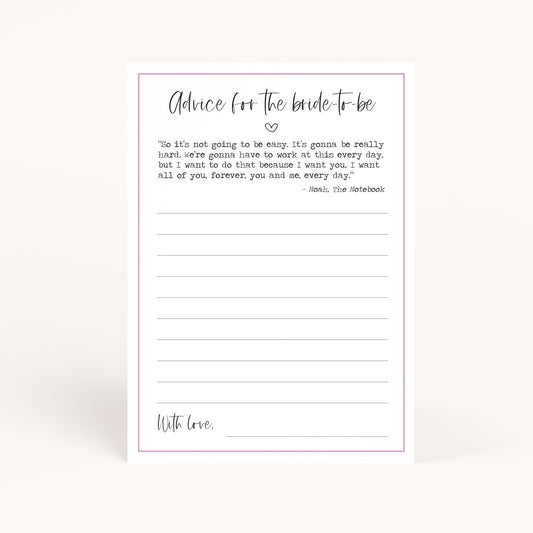 Romantic Movies Bridal Shower Advice for Bride Printables