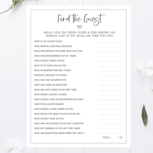 Romantic Movies Bridal Shower Find Guest Game Printable