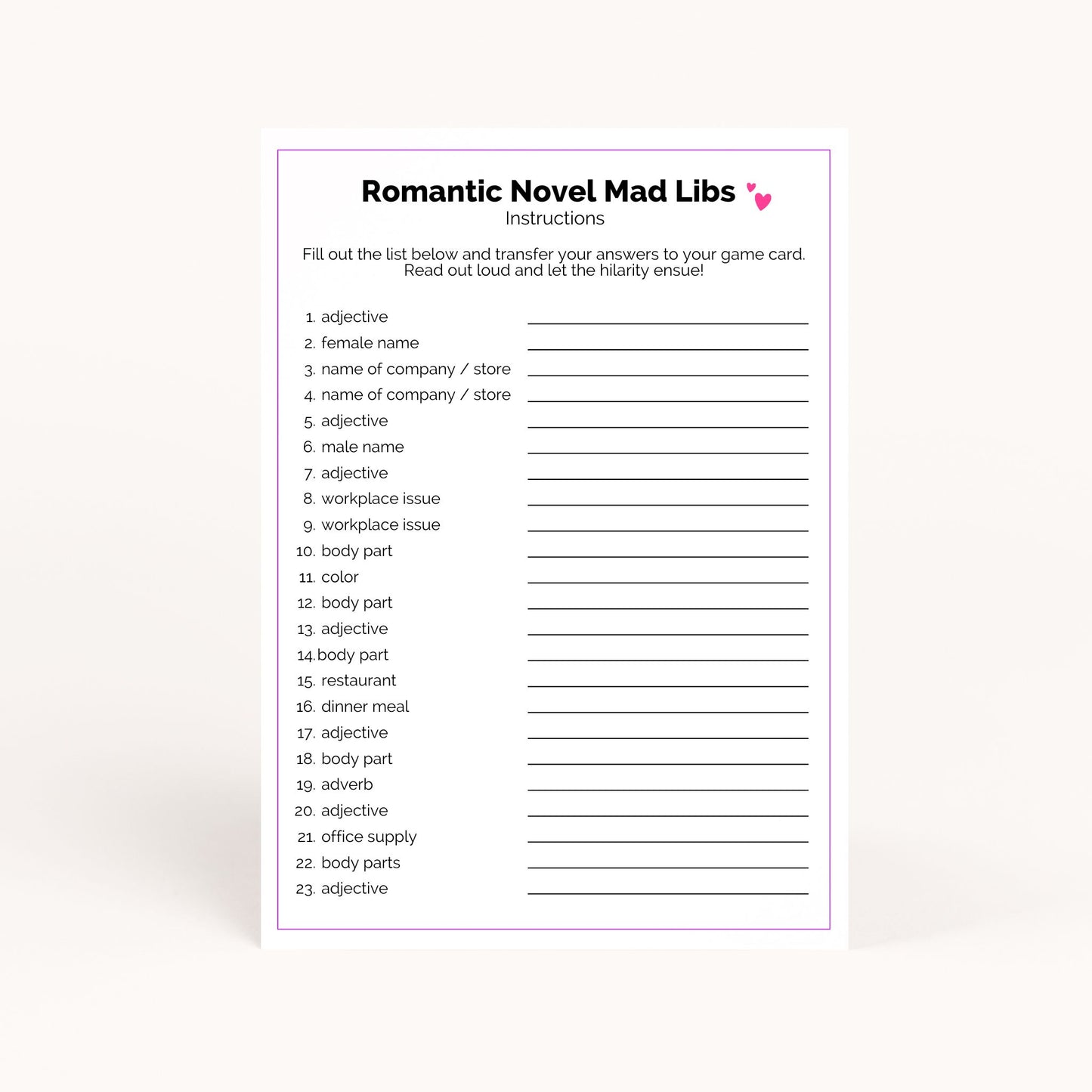 Rom Com Novel Bridal Shower Mad Libs Printable