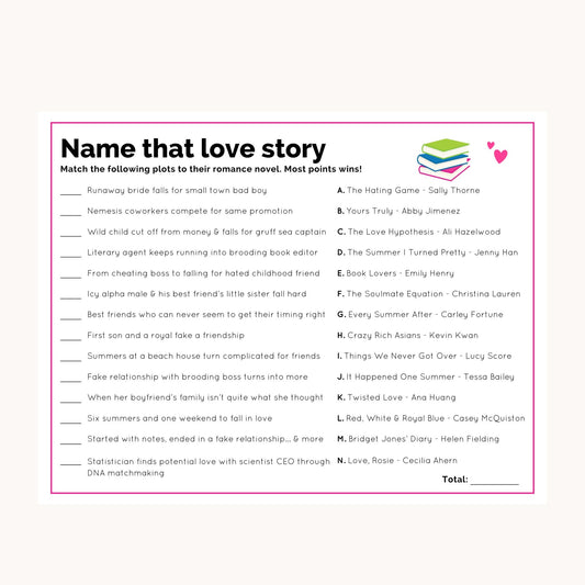 Rom Com Novel Bridal Shower Love Story Game Printable