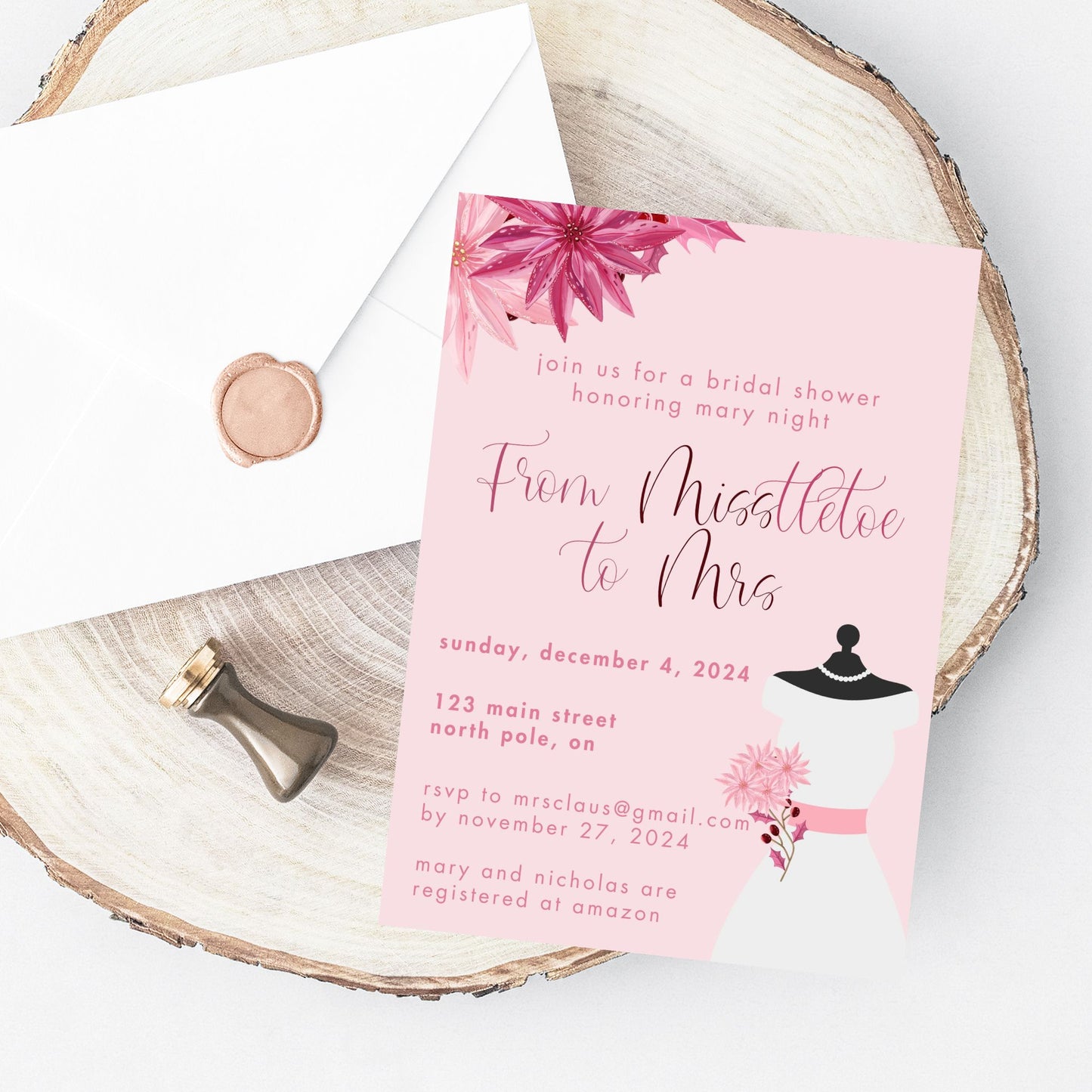 Pink Christmas Bridal Shower Invitation Printable