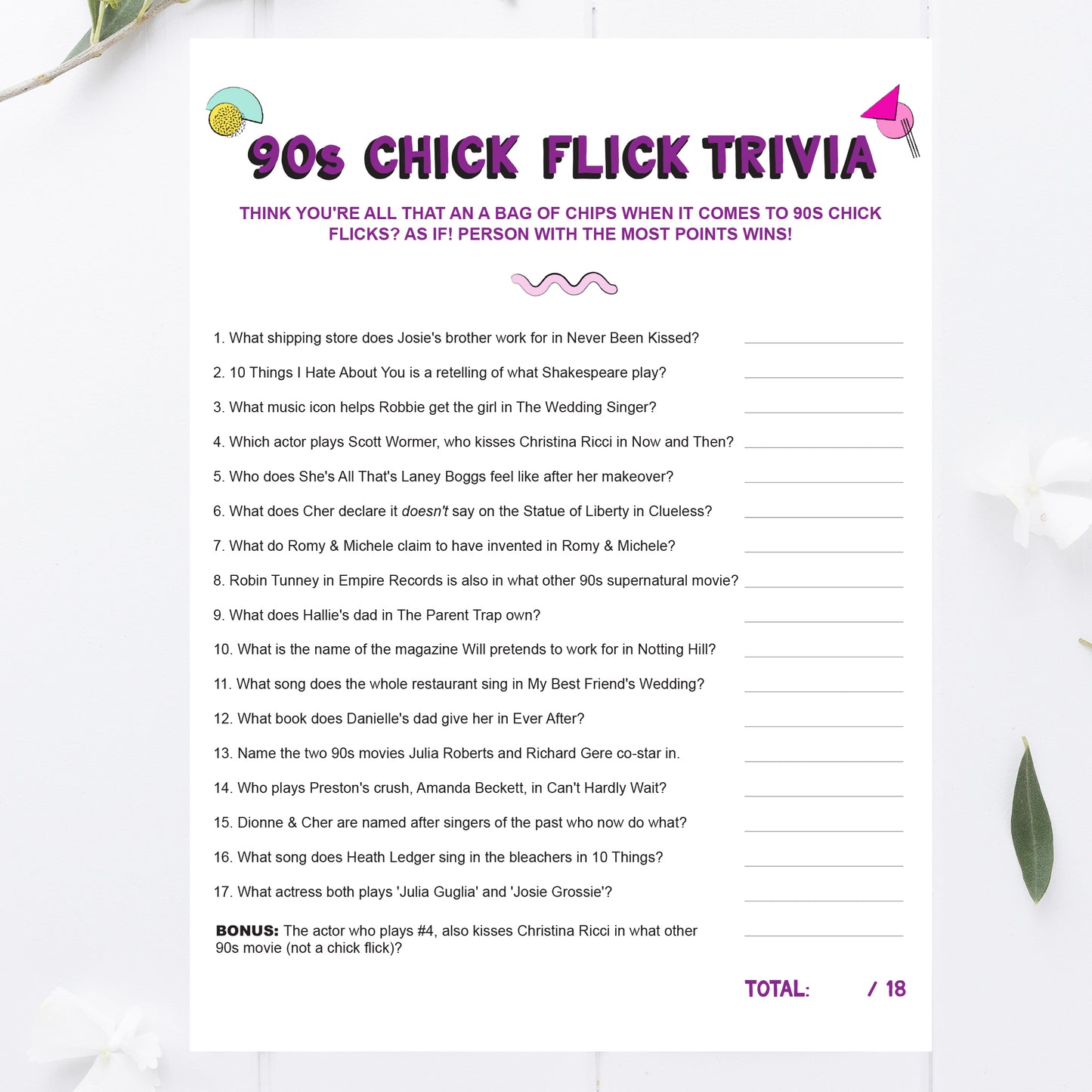 90s Chick Flick Trivia Game Printable