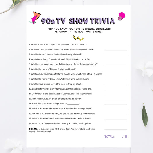 90s Party TV Show Trivia Game Printable