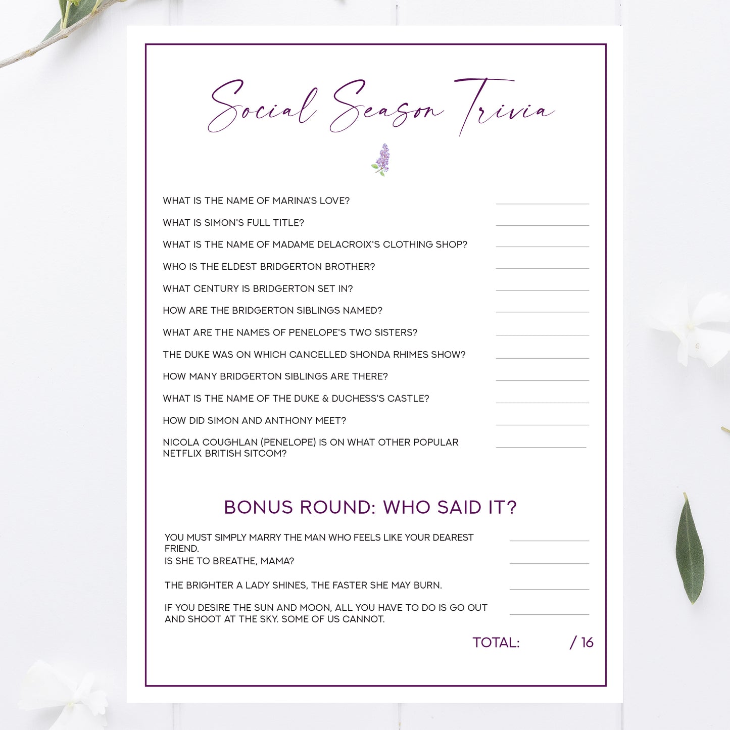 Bridgerton Bridal Shower Trivia Game Printable