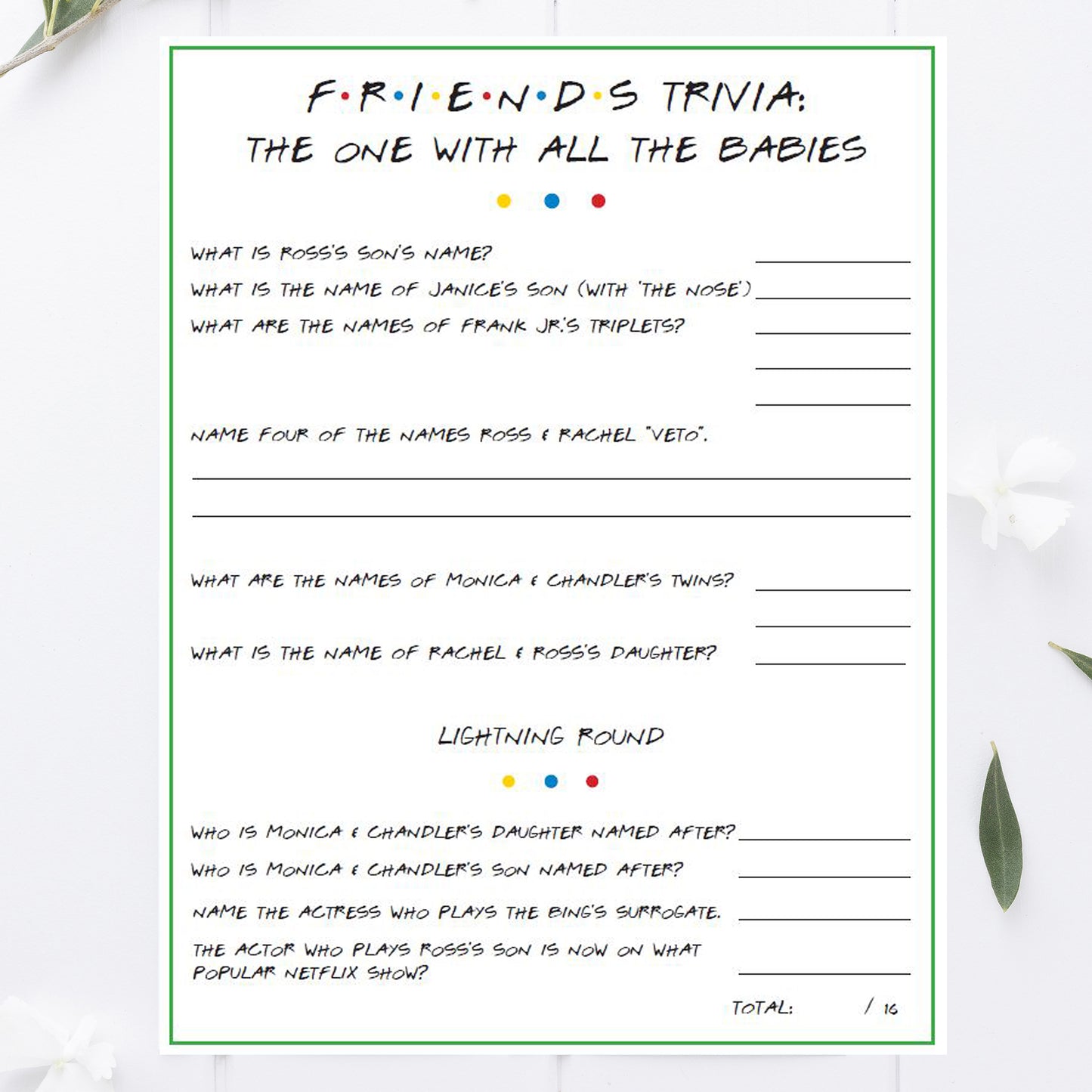Friends Baby Shower Trivia Game Printable