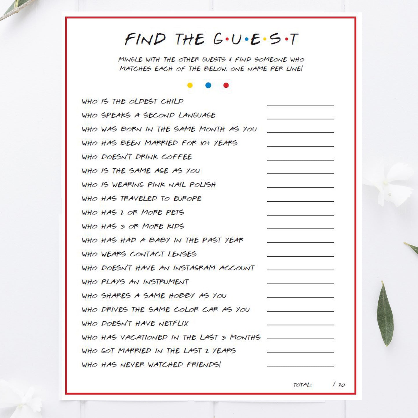 Friends Baby Shower + Bridal Shower Find the Guest Game Printable