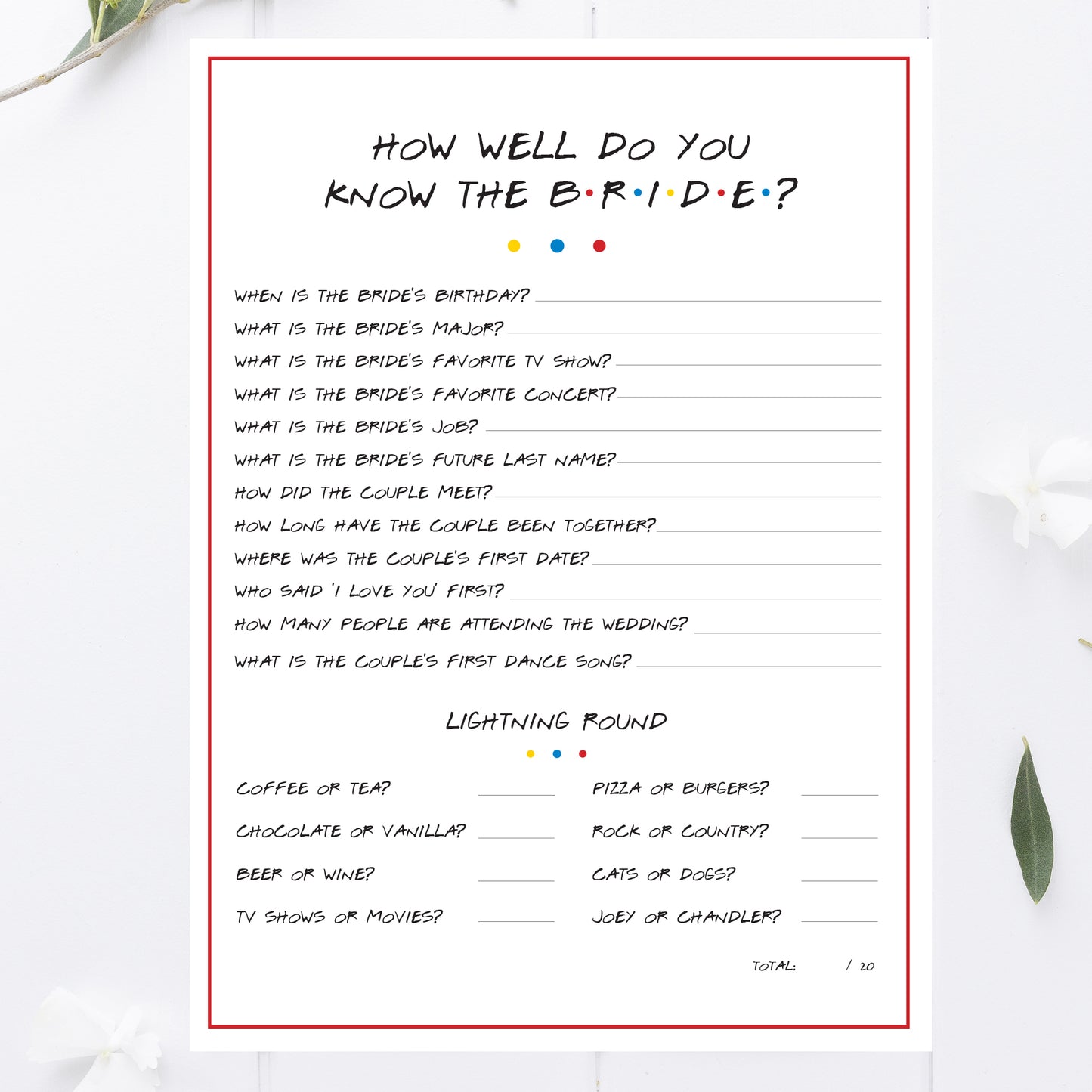 Friends Bridal Shower How Well Do You Know the Bride Game Printable