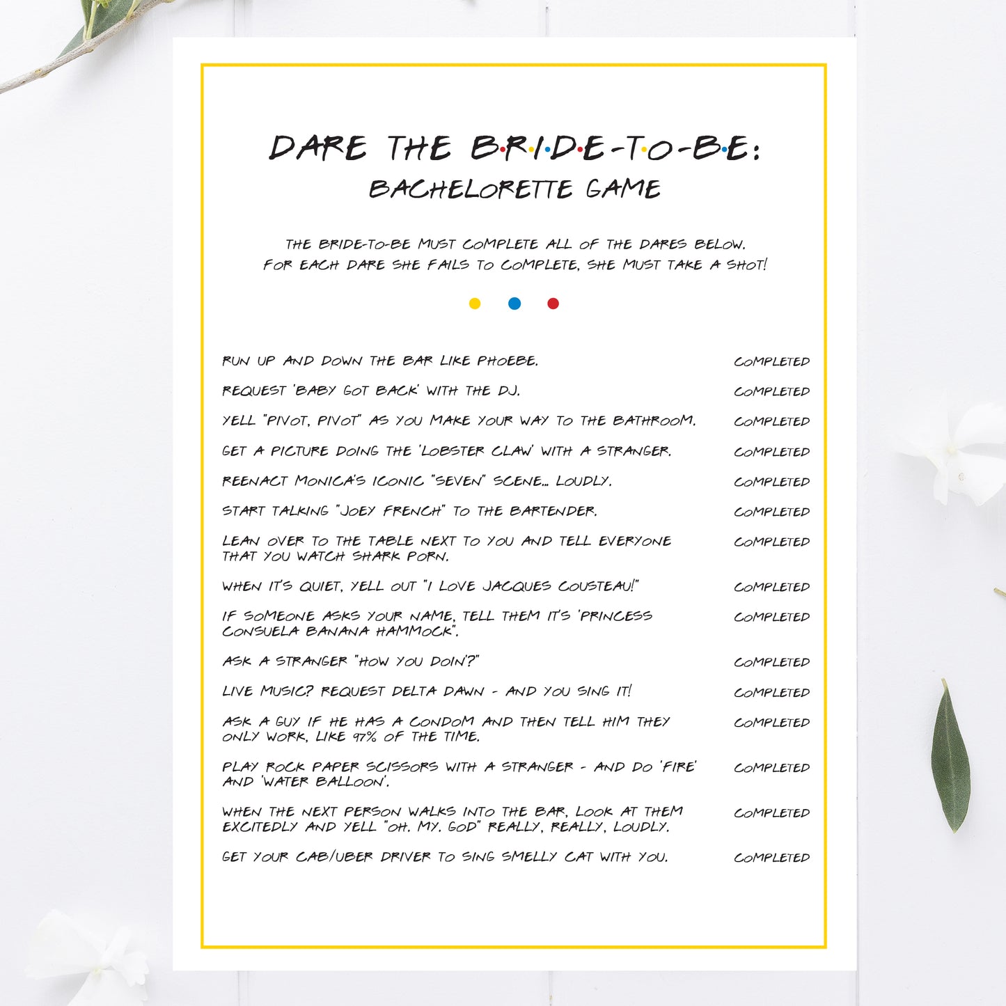 Friends Bachelorette Party Dare the Bride Game Printable - Dirty Edition