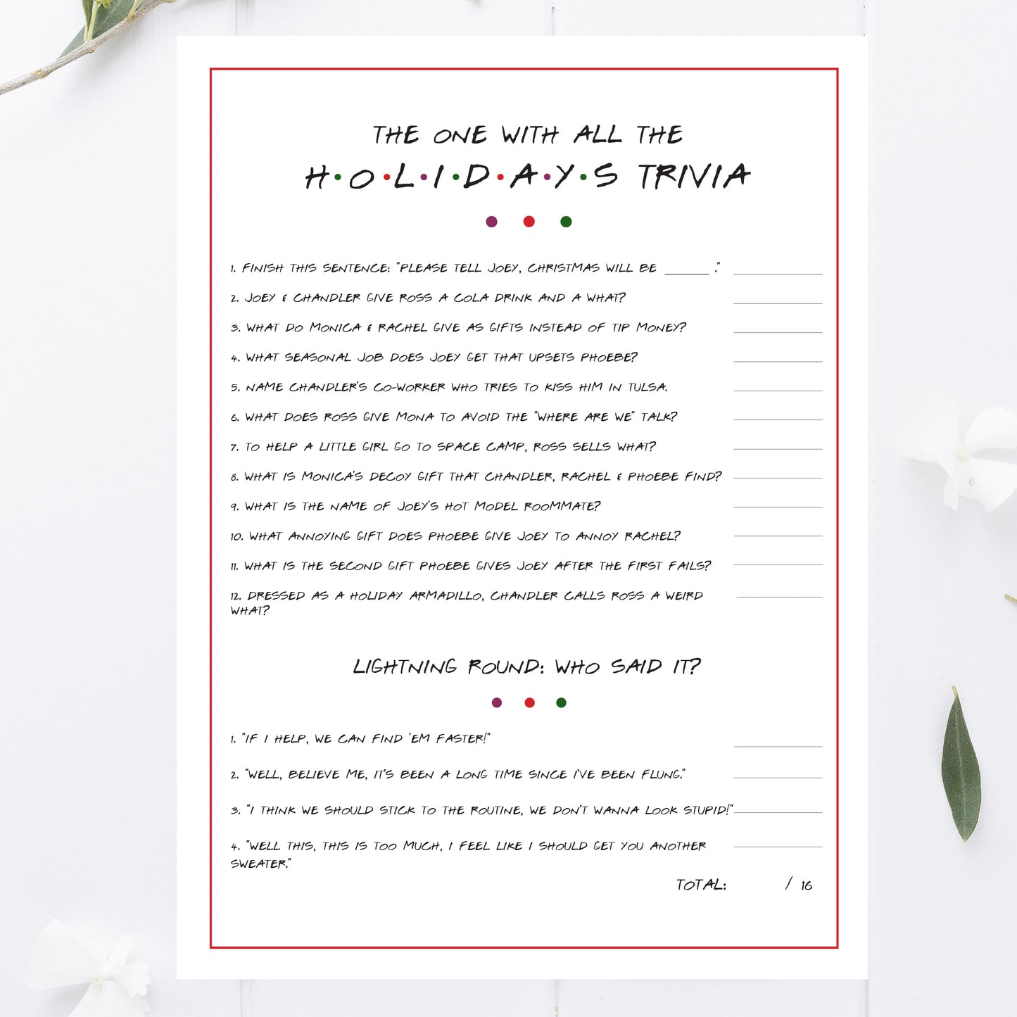 Friends Holiday Trivia Game Printable