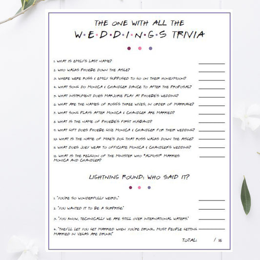 Friends Wedding Trivia Game Printable