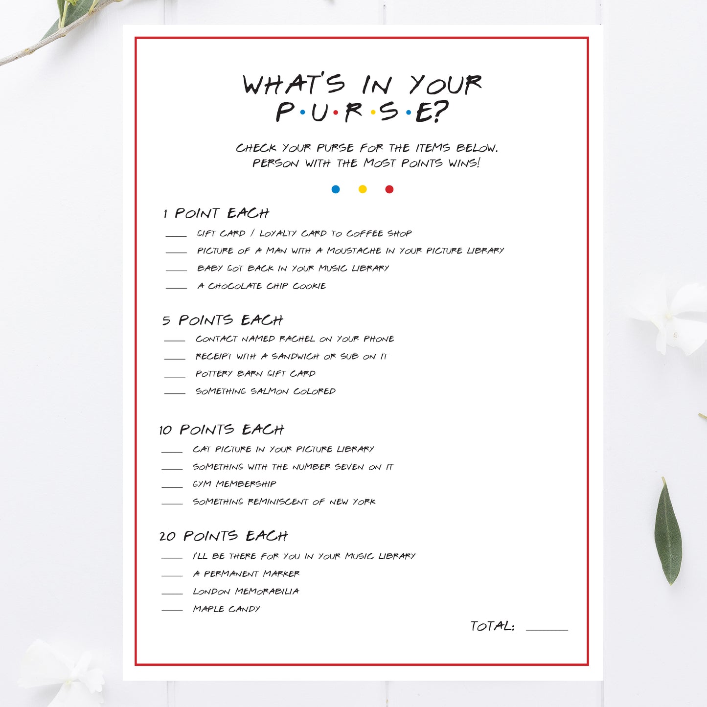 Friends Bridal Shower What's in Your Purse Game Printable
