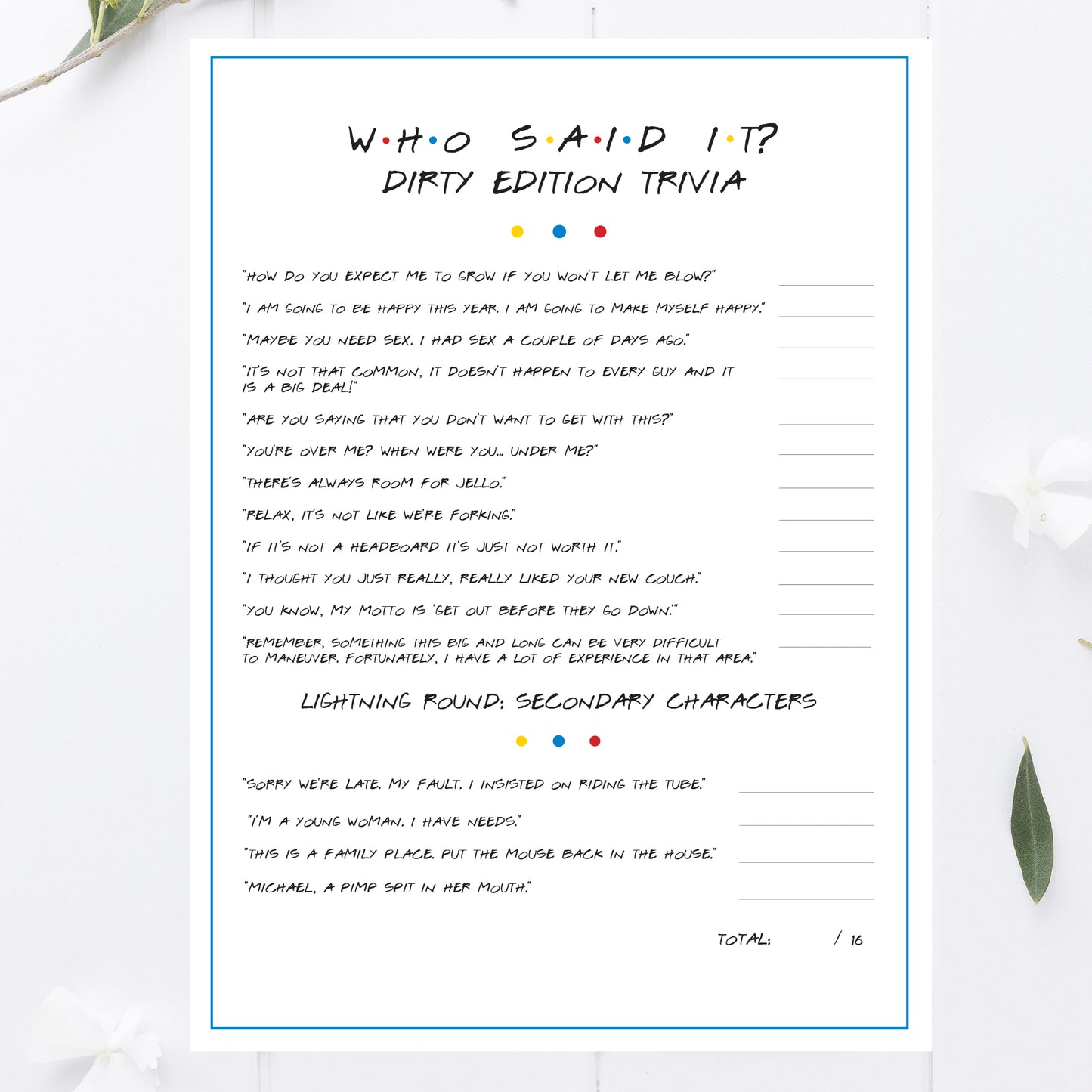 Friends Bachelorette Who Said It Party Game Printable - Dirty Edition