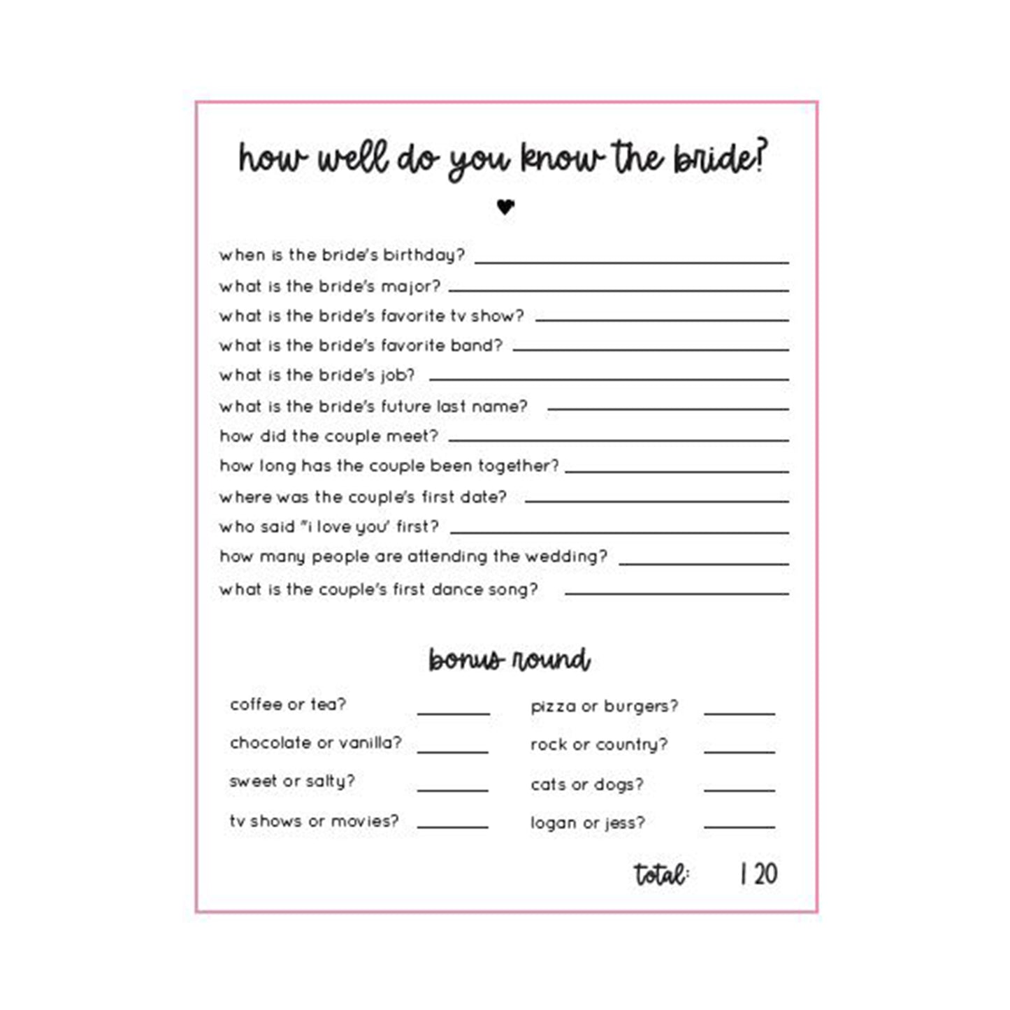 Gilmore Bridal Shower How Well Do You Know Bride Game Printable