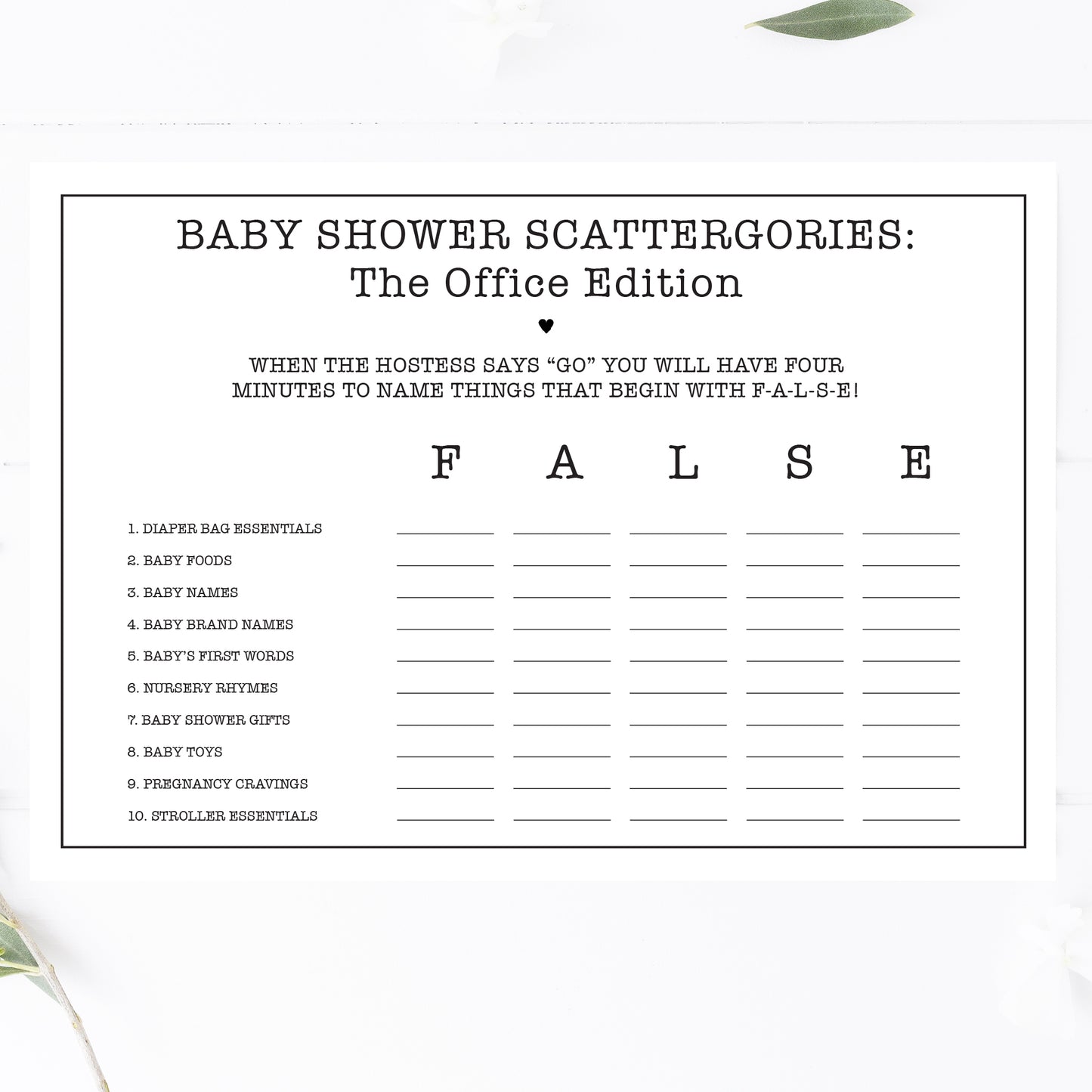 Office Baby Shower Scattergories Game Printable
