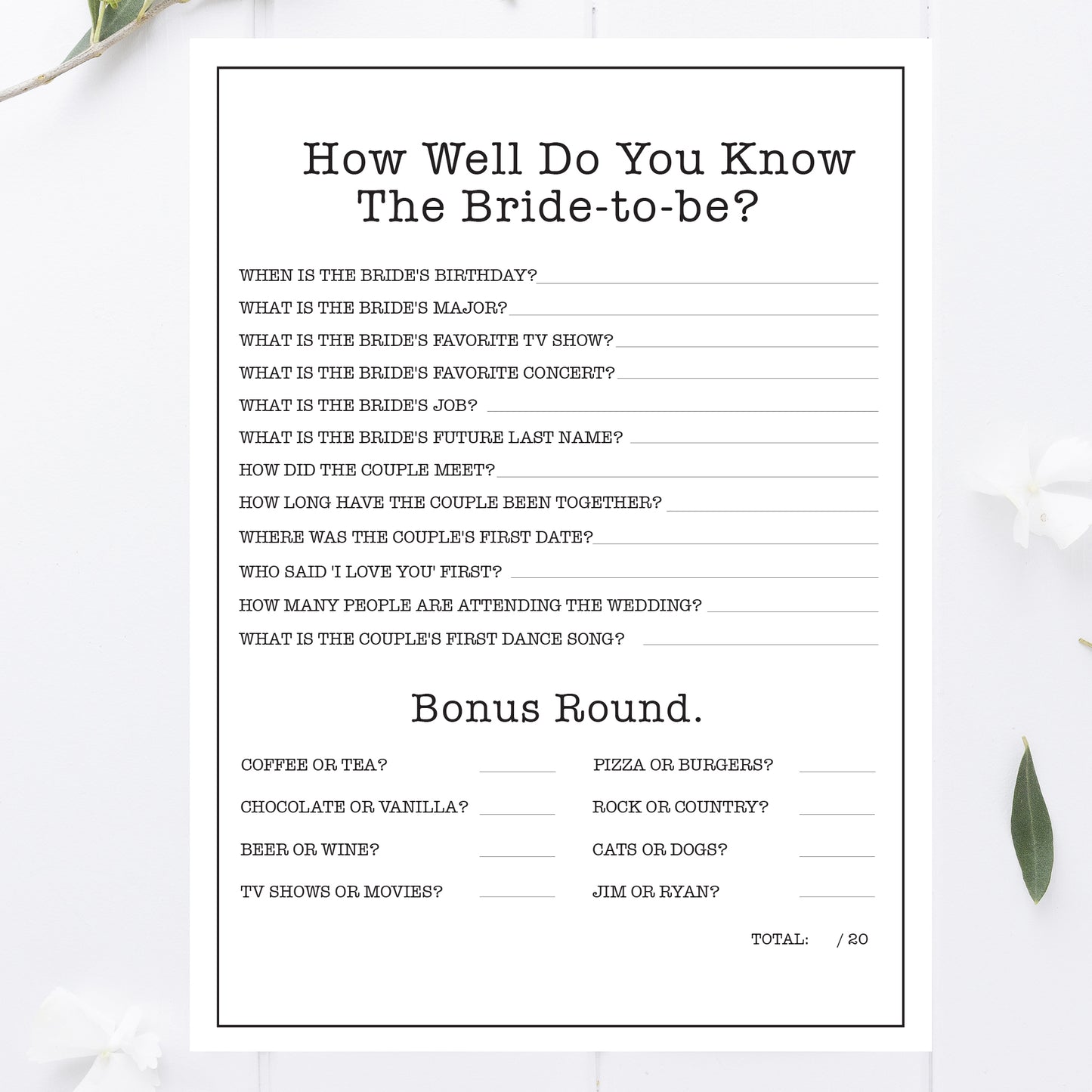 Office Bridal Shower How Well Do You Know the Bride Game Printable