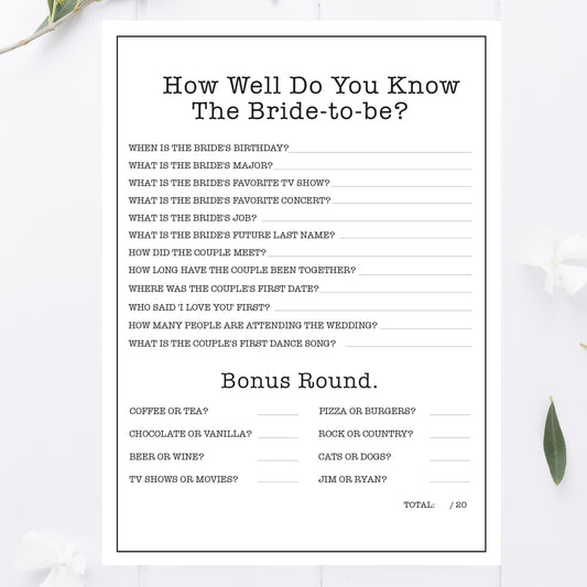 Office Bridal Shower How Well Do You Know the Bride Game Printable
