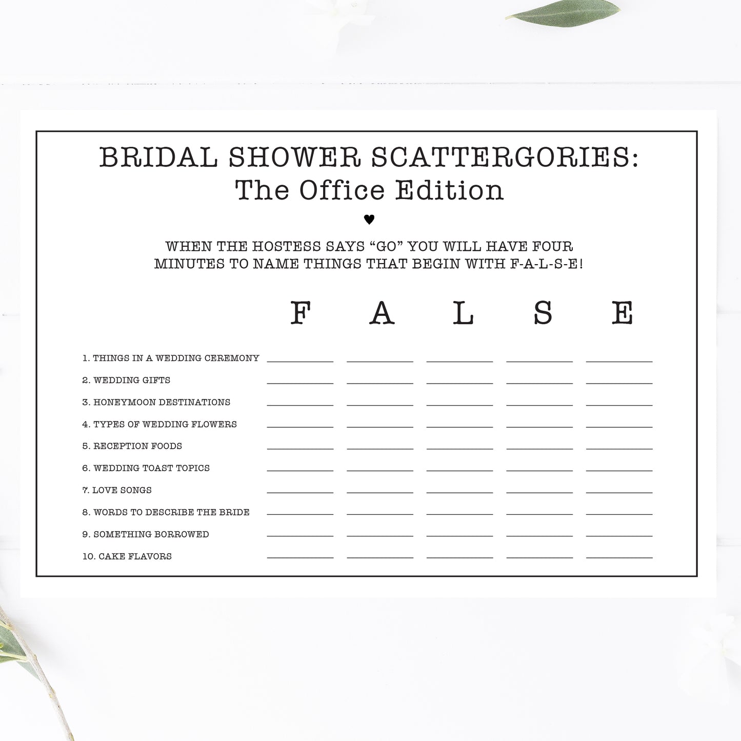Office Bridal Shower Scattergories Game Printable