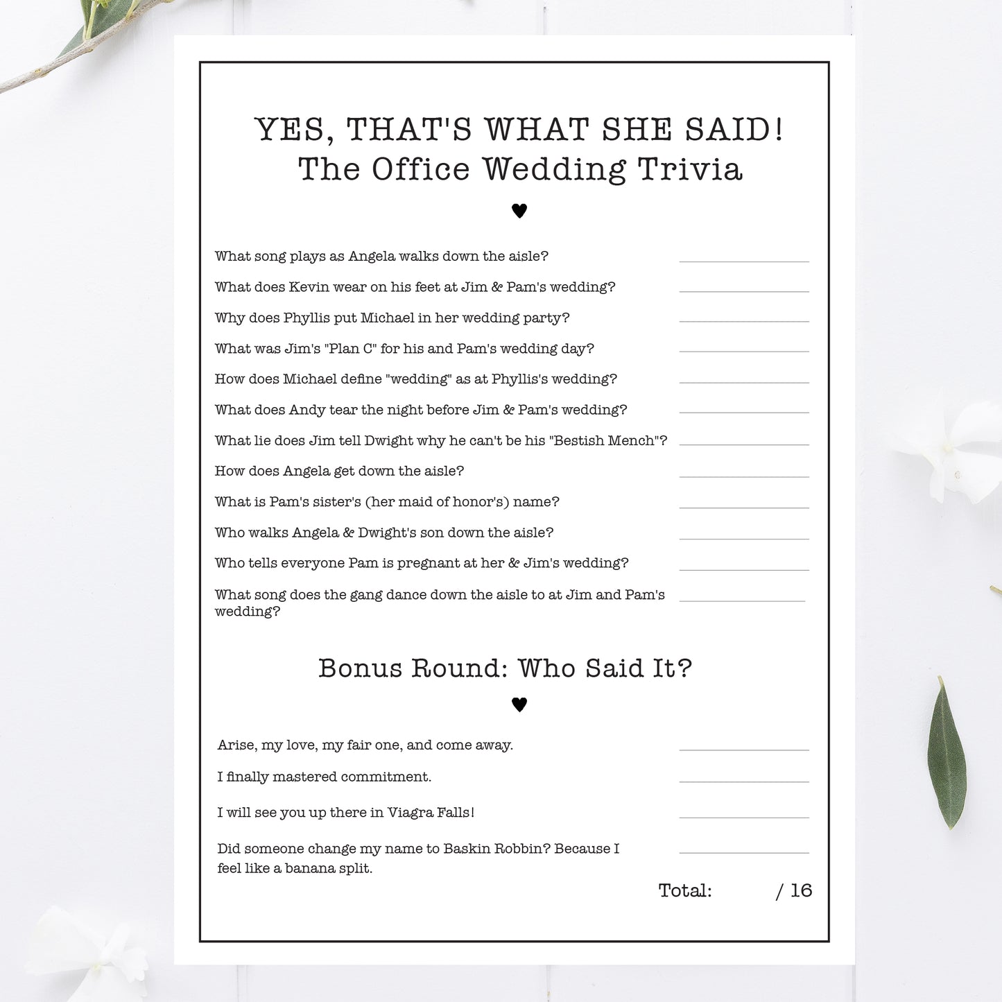 Office Bridal Shower Wedding Trivia Game Printable