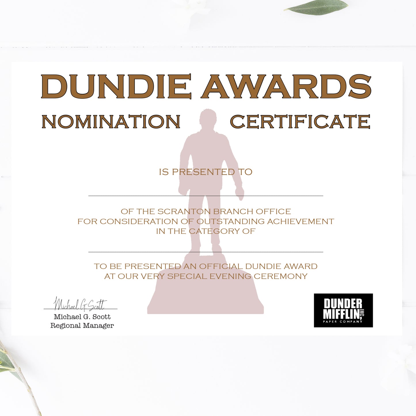 Office Dundie Awards Nomination Certificate Printable