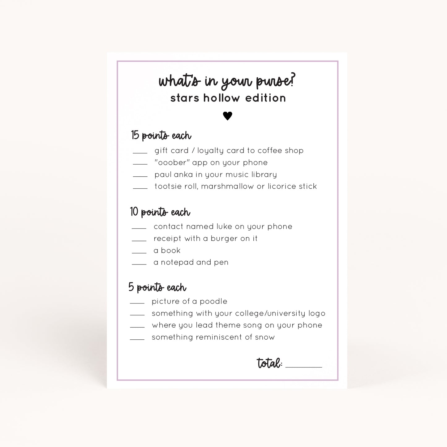 Gilmore Bridal Shower What's in Your Purse Game Printable