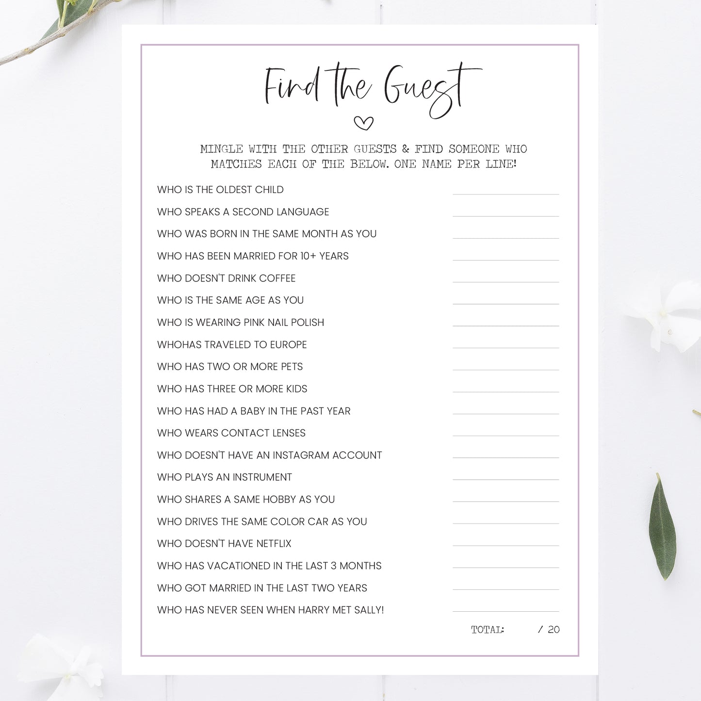 Romantic Movies Bridal Shower Find Guest Game Printable