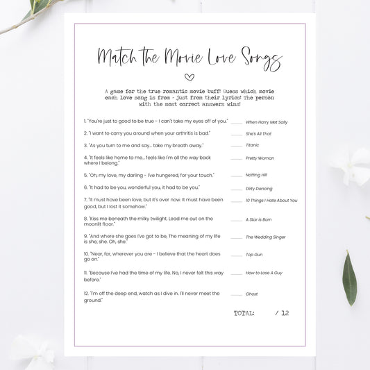 Romantic Bridal Shower Movies Match the Love Songs Game Printable