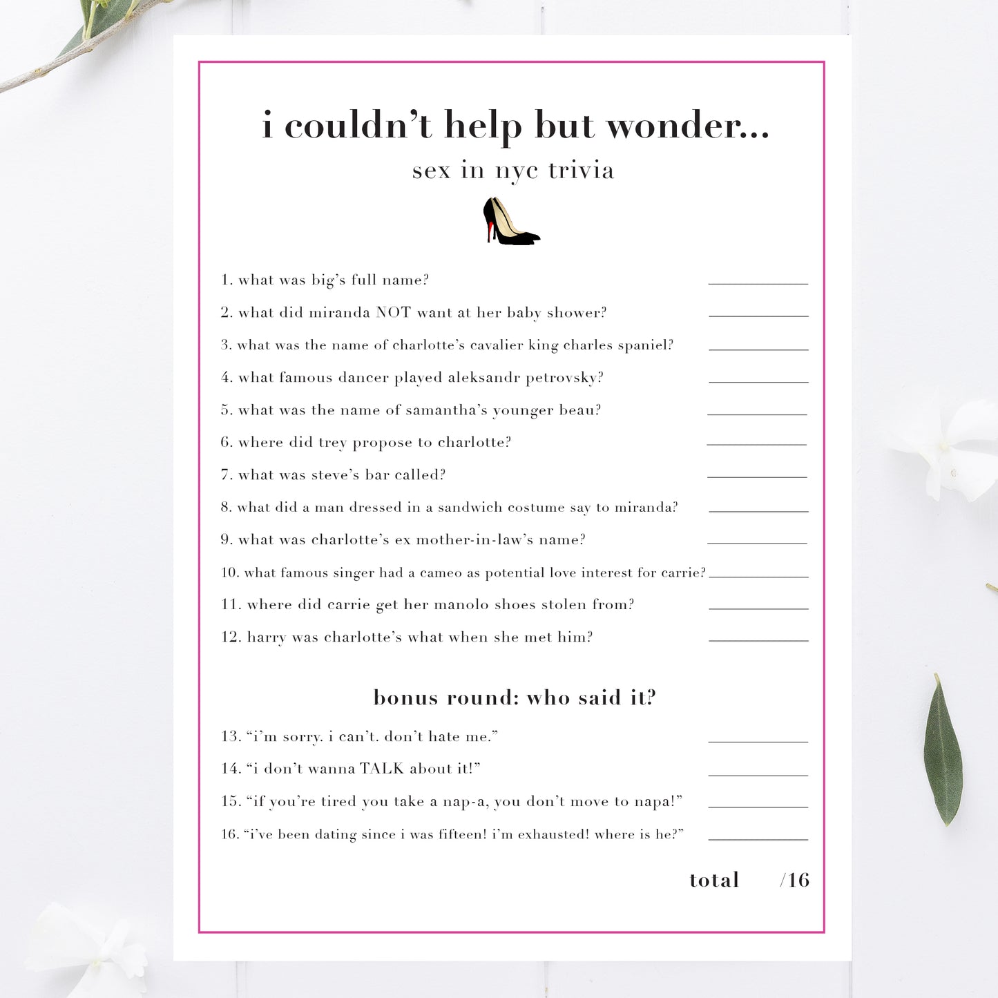 Sex and the City Bachelorette Party Trivia Game Printable