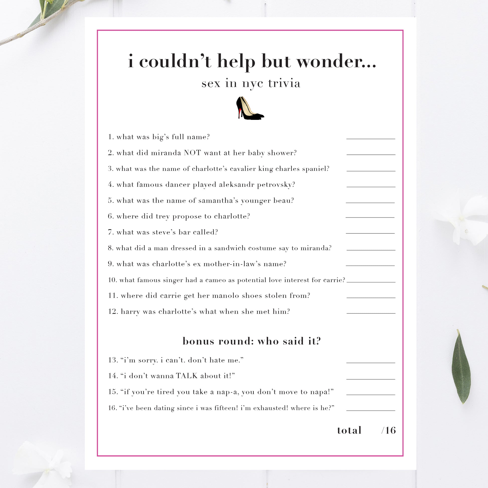 Sex and the City Bachelorette Party Trivia Game Printable awdesignsprintables Sex and the City Bachelorette Party Trivia Game Printable awdesignsprintables