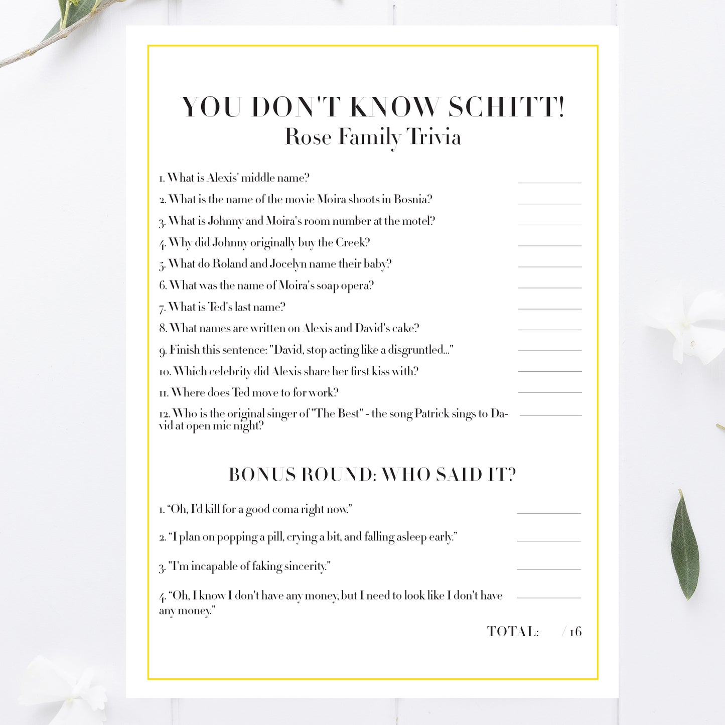 Schitts Party Trivia Game Printable