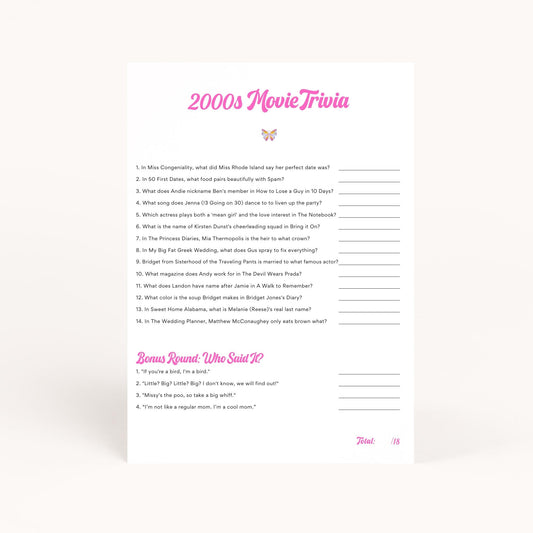 2000s Party Chick Flick Trivia Printable