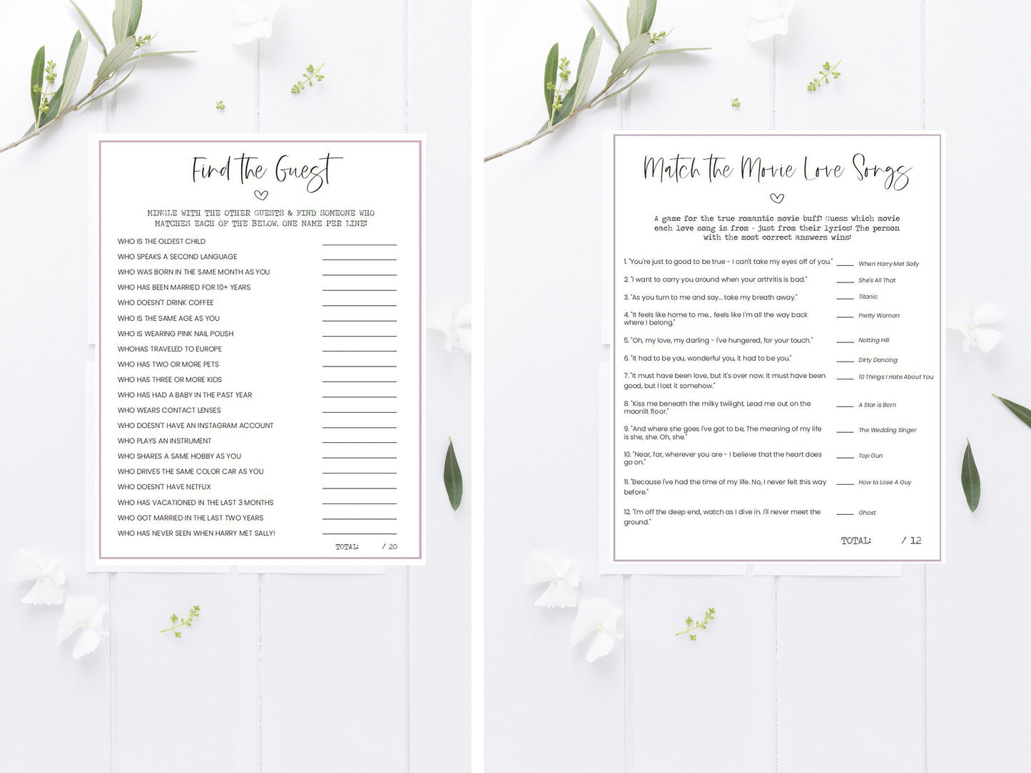 The Ultimate Romantic Movies Bridal Shower Printable Package